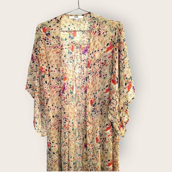 XXI LA Womens Coverup Sz Small Sheer Floral‎ Beige Kimono Midi Beach Coastalcore - Picture 3 of 8